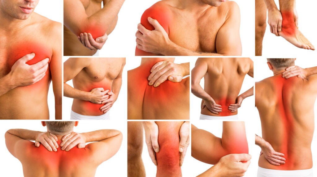 Collage of photos with man having pains in different parts of body