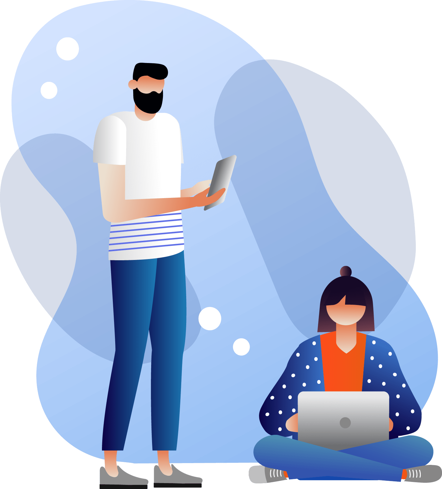 flat graphic design of two people using their mobile and laptop